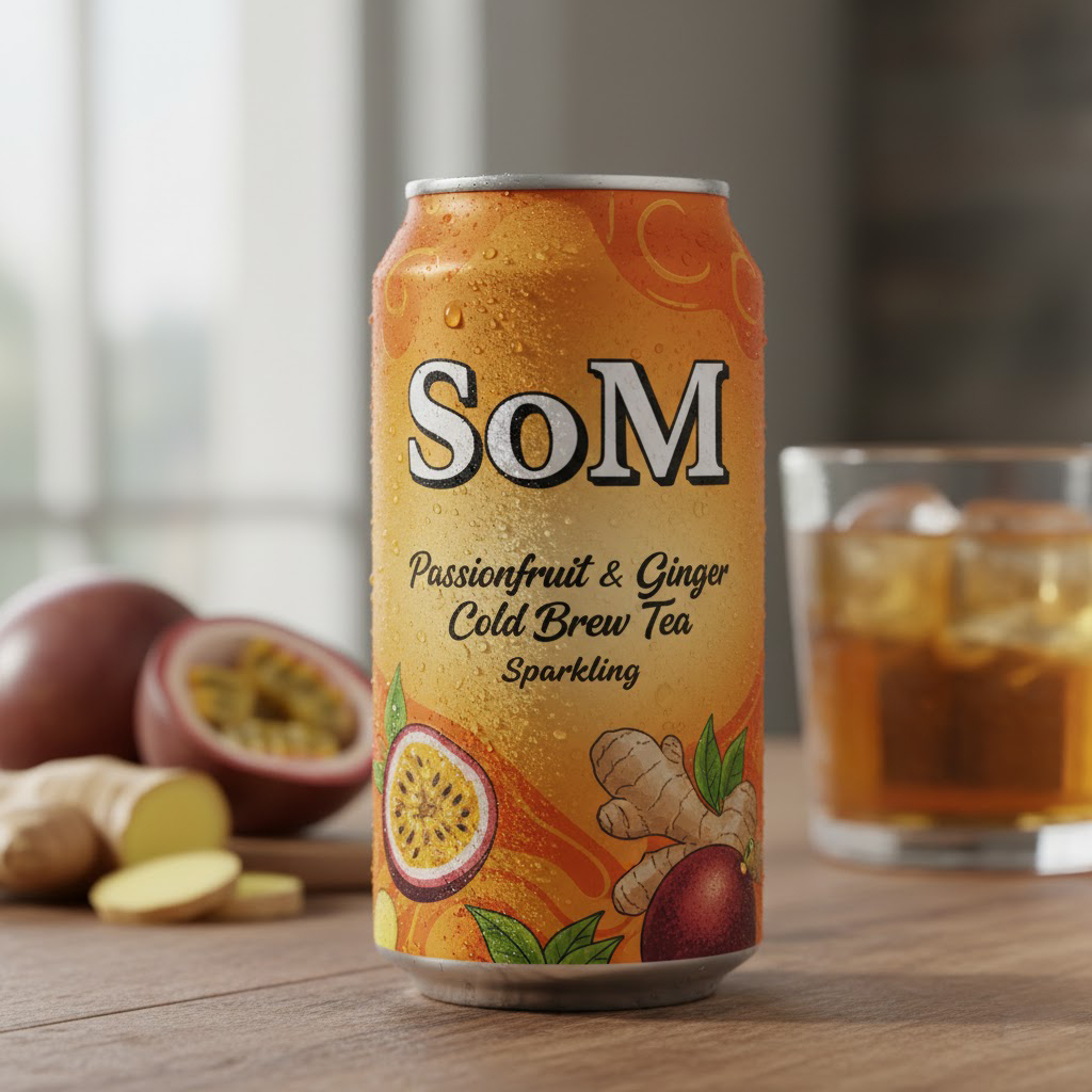 A glass of Passionfruit & Ginger Cold Brew Tea.